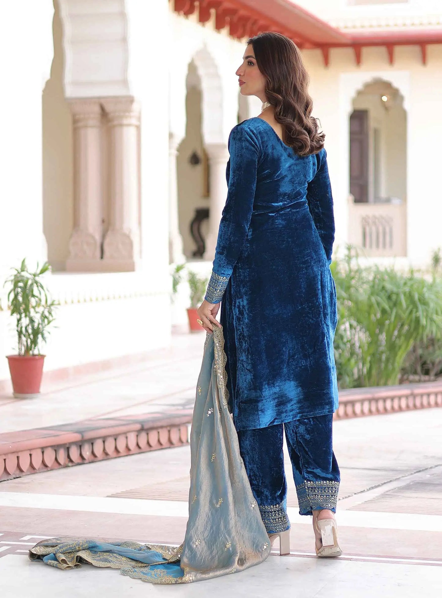 Teal Blue Velvet Embroidery Work Salwar Suit