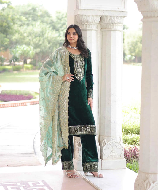 Dark Green Velvet Embroidery Work Salwar Suit