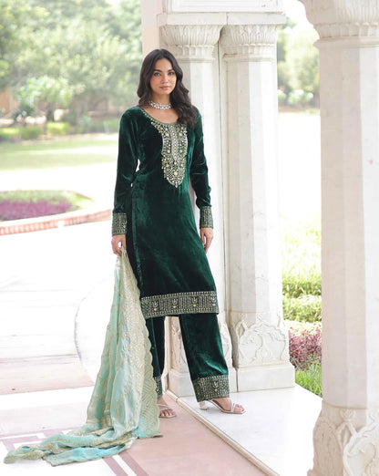 Dark Green Velvet Embroidery Work Salwar Suit