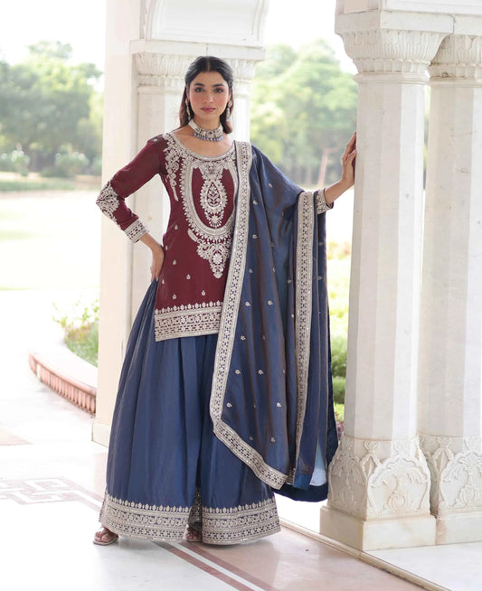 Maroon Silk Sharara Suit With Embroidery