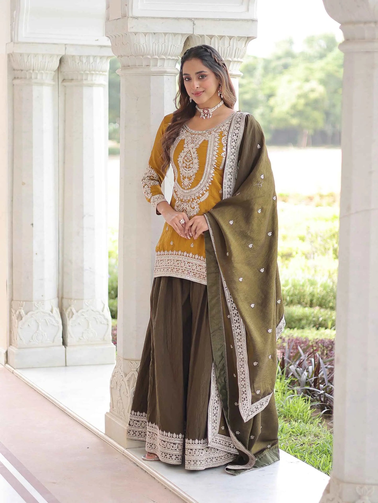 Yellow Silk Sharara Suit With Embroidery
