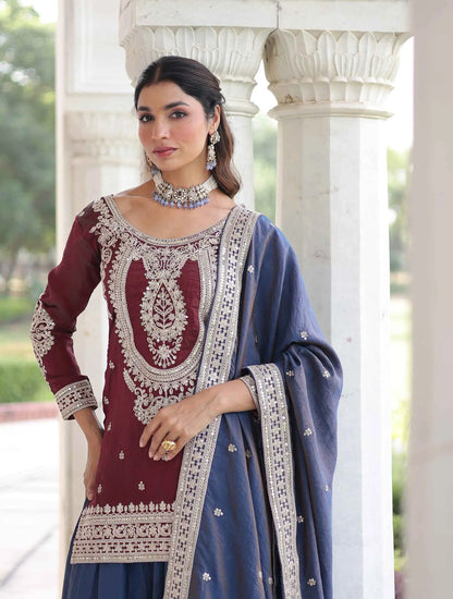 Maroon Silk Sharara Suit With Embroidery