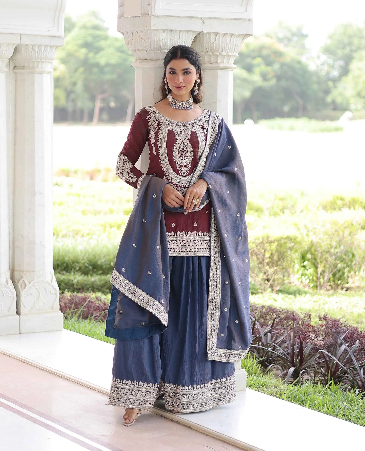 Maroon Silk Sharara Suit With Embroidery