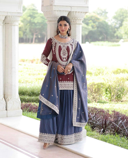 Maroon Silk Sharara Suit With Embroidery