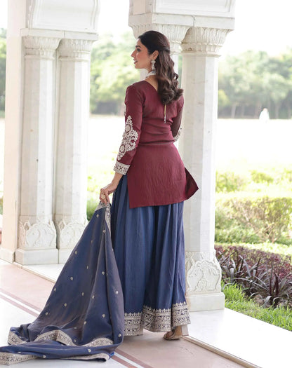 Maroon Silk Sharara Suit With Embroidery