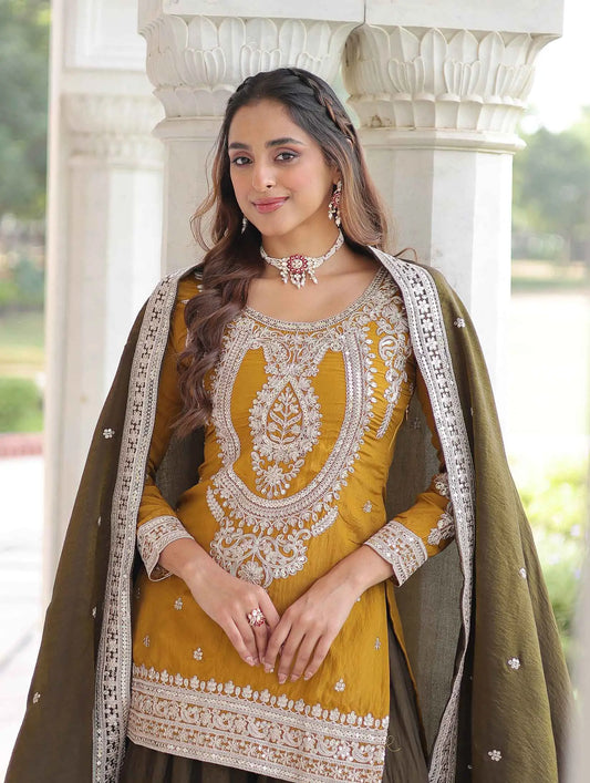 Yellow Silk Sharara Suit With Embroidery