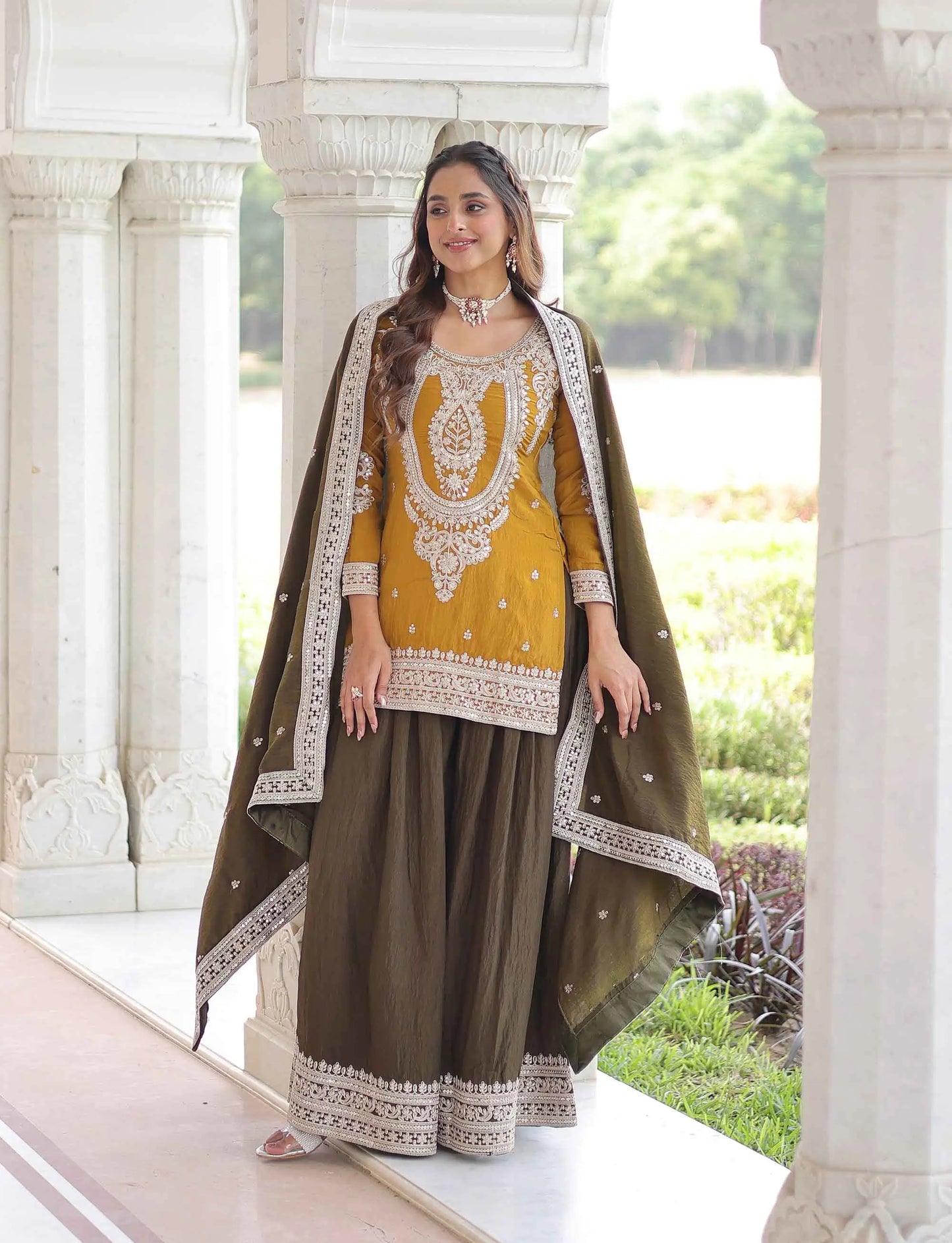 Yellow Silk Sharara Suit With Embroidery