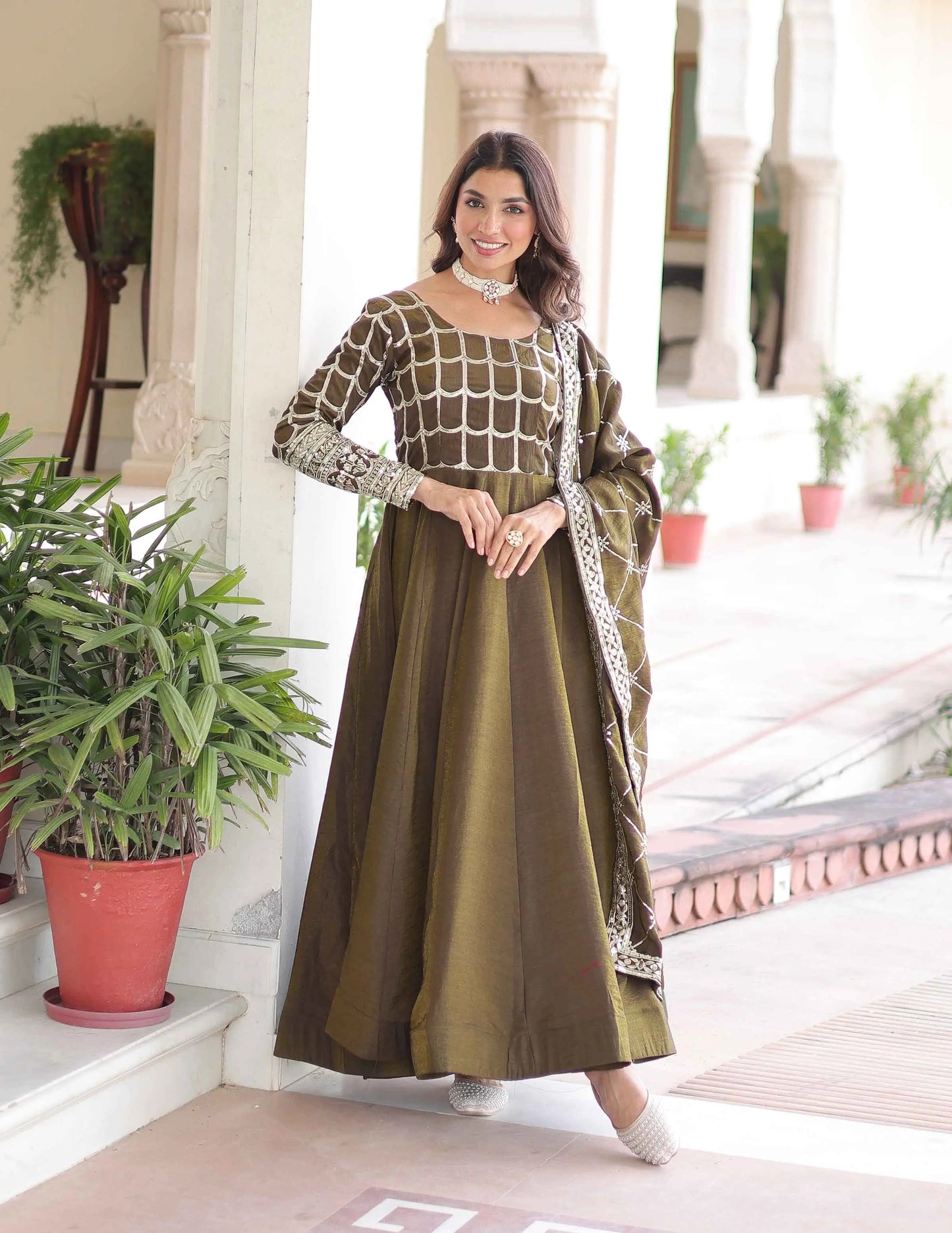 Dark Olive Sequins Embroidery Work Gown