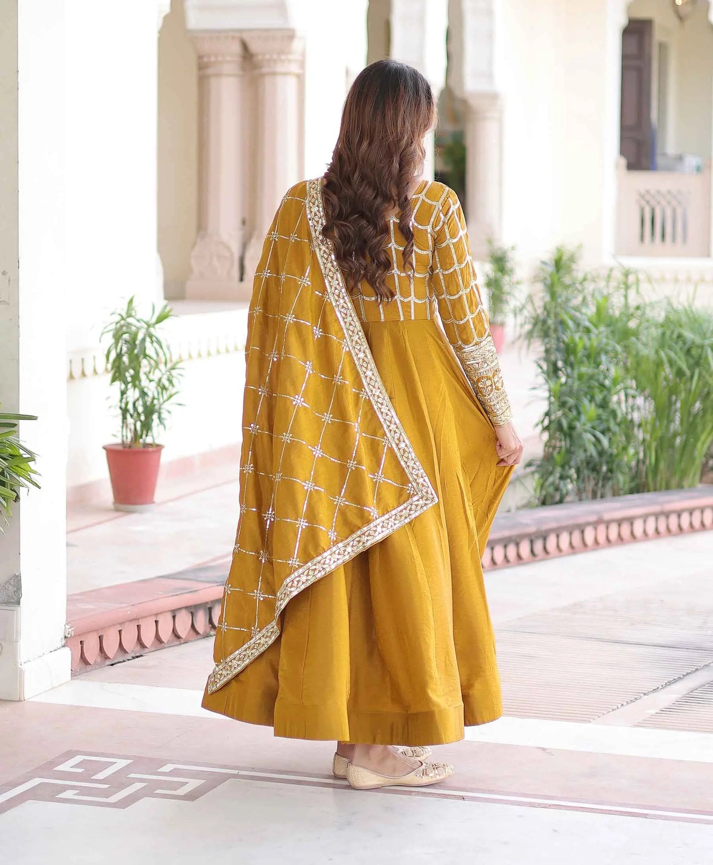 Yellow Sequins Embroidery Work Silk Gown