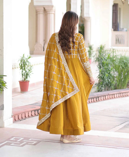 Yellow Sequins Embroidery Work Silk Gown