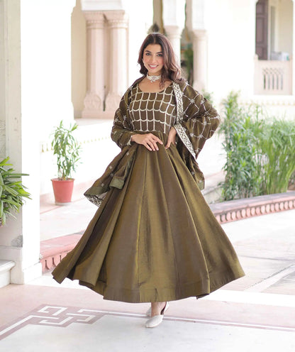Dark Olive Sequins Embroidery Work Gown
