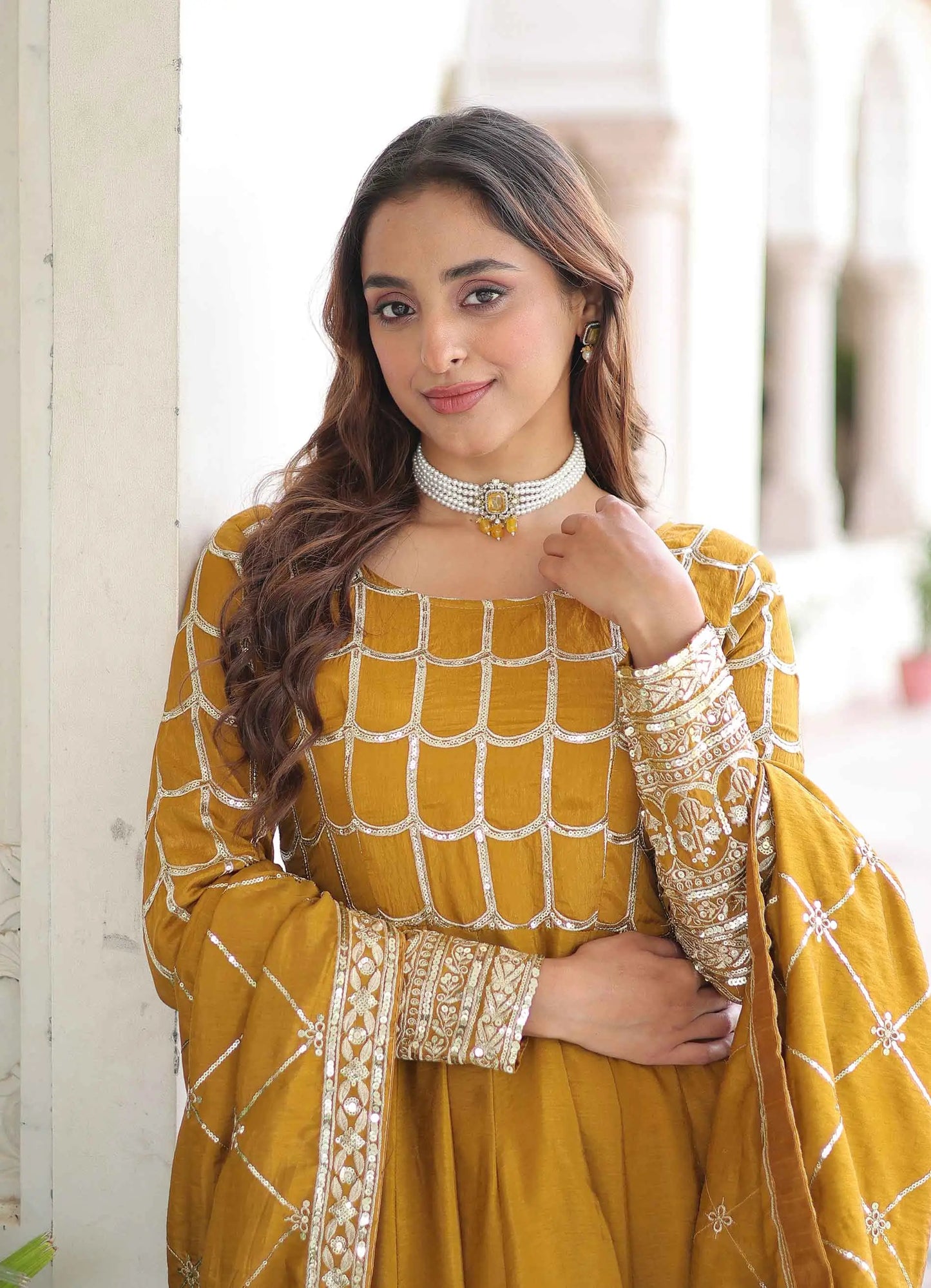 Yellow Sequins Embroidery Work Silk Gown