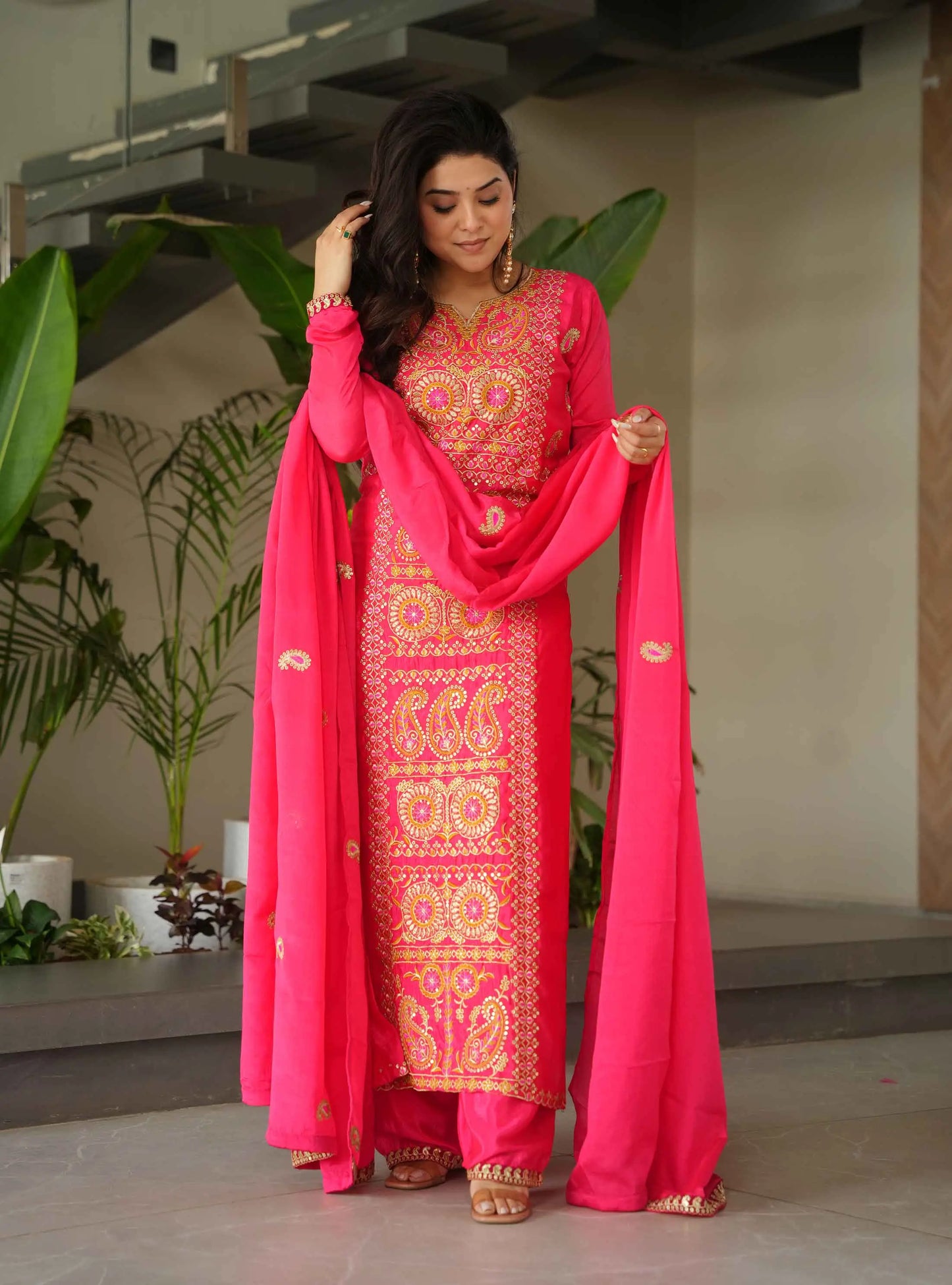 Red Pink Embroidery Work Salwar Suit