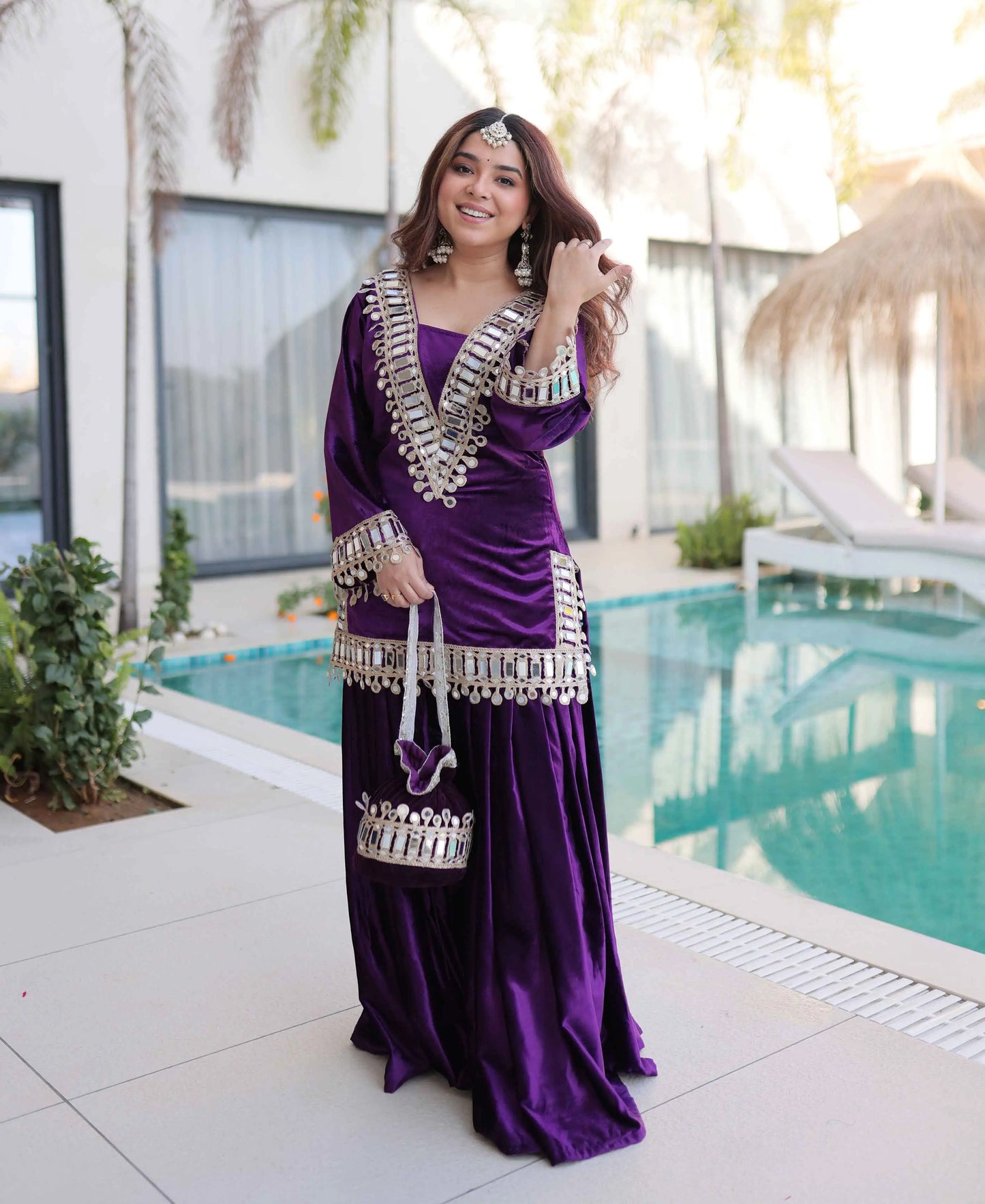 Purple Mirror Embroidery Work Palazzo Suit