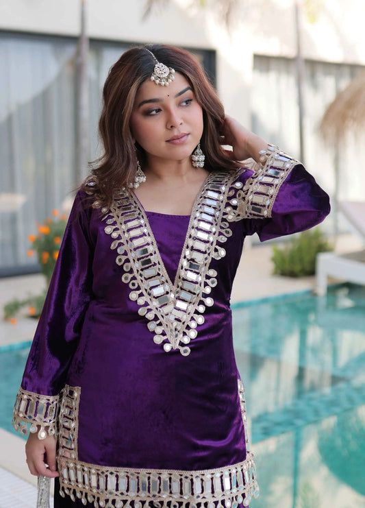Purple Mirror Embroidery Work Palazzo Suit