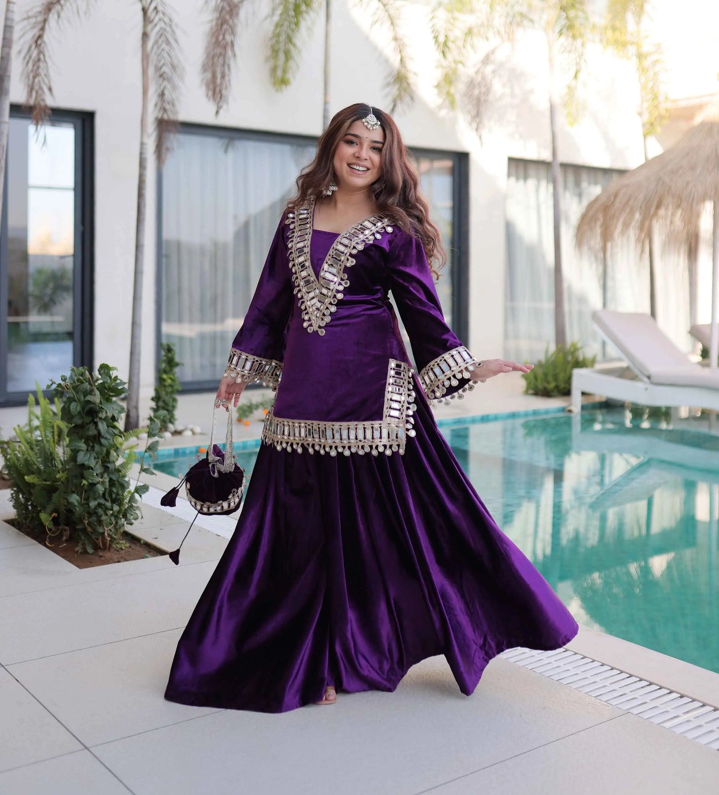 Purple Mirror Embroidery Work Palazzo Suit