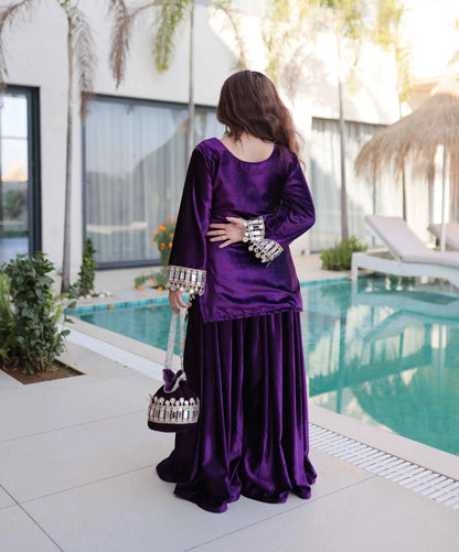 Purple Mirror Embroidery Work Palazzo Suit