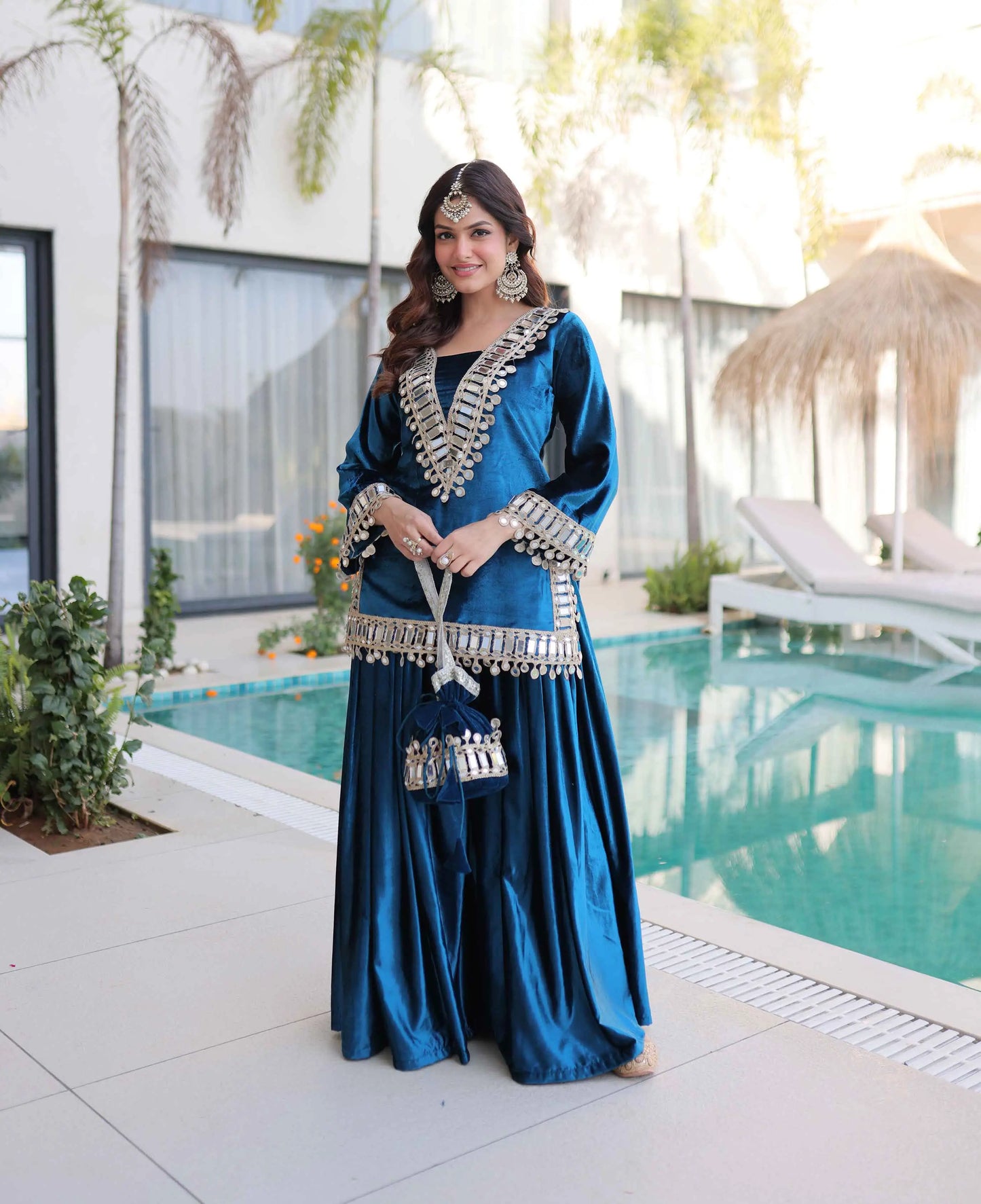 Dusk Blue Mirror Embroidery Palazzo Suit