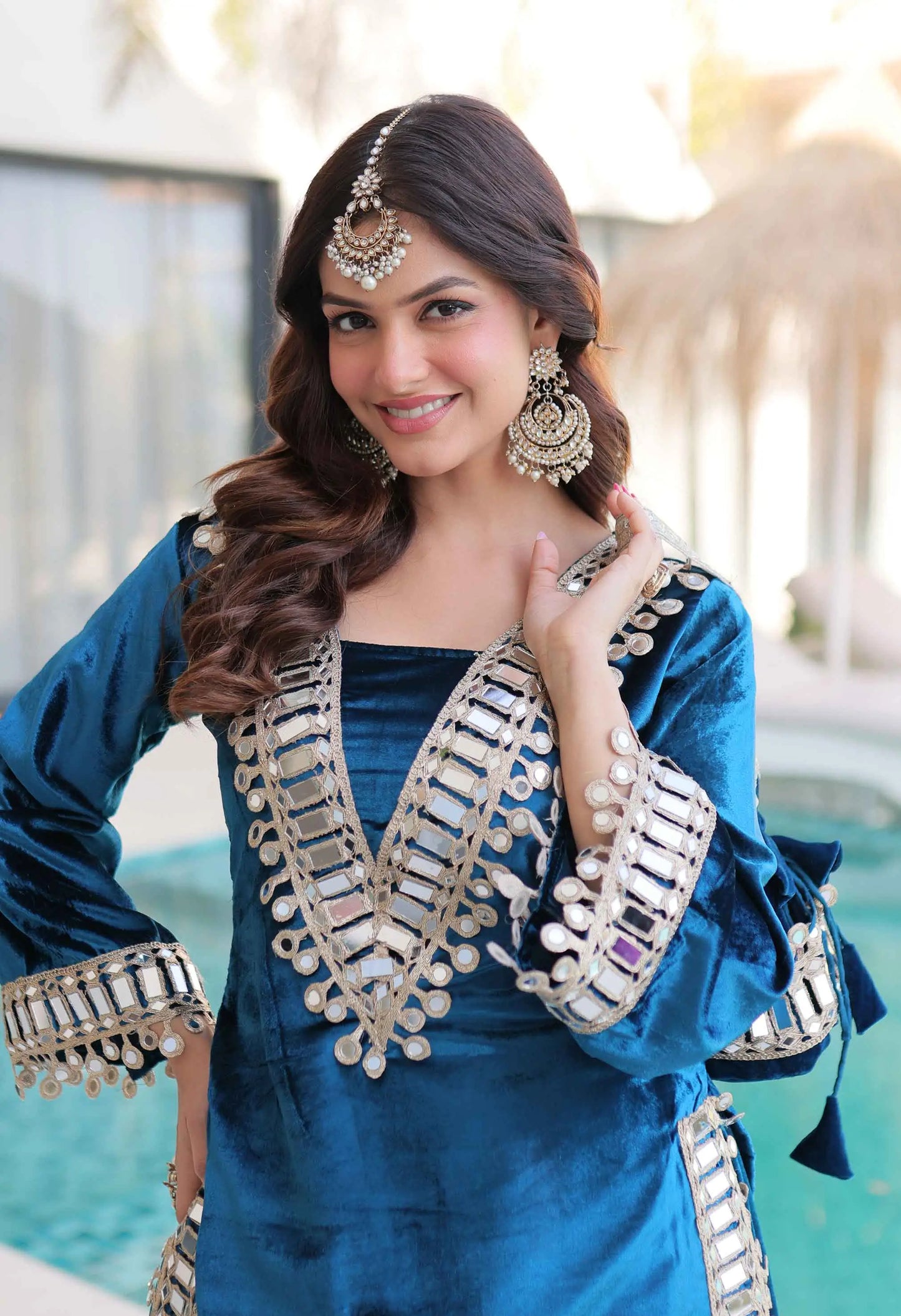 Dusk Blue Mirror Embroidery Palazzo Suit