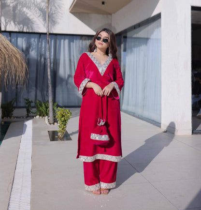 Rani Pink Mirror Embroidery Suit With Batwa