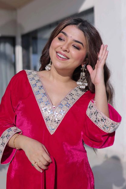 Rani Pink Mirror Embroidery Suit With Batwa