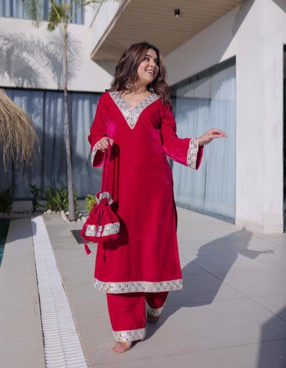 Rani Pink Mirror Embroidery Suit With Batwa