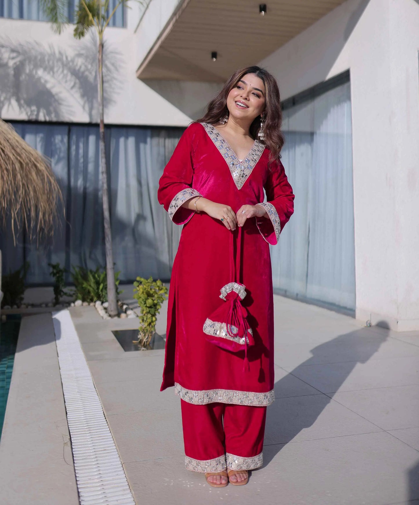Rani Pink Mirror Embroidery Suit With Batwa