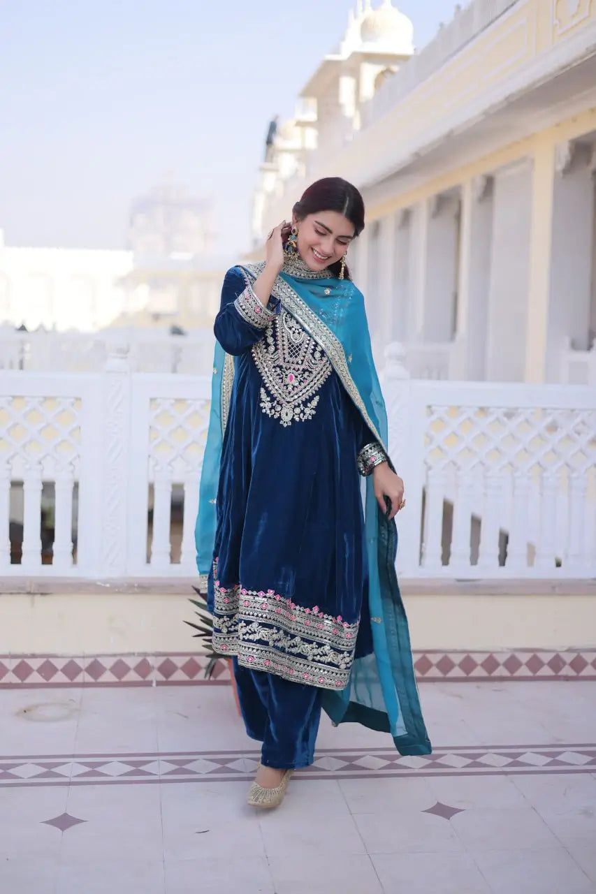Deep Teal Velvet Embroidery Salwar Suit