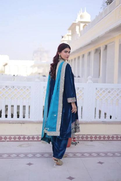 Deep Teal Velvet Embroidery Salwar Suit
