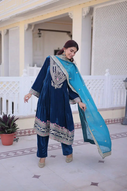 Deep Teal Velvet Embroidery Salwar Suit