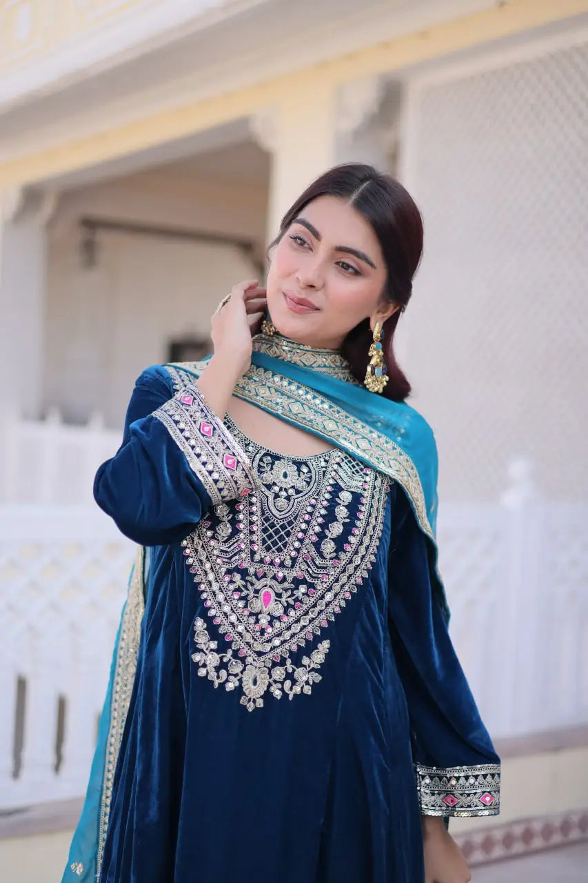 Deep Teal Velvet Embroidery Salwar Suit