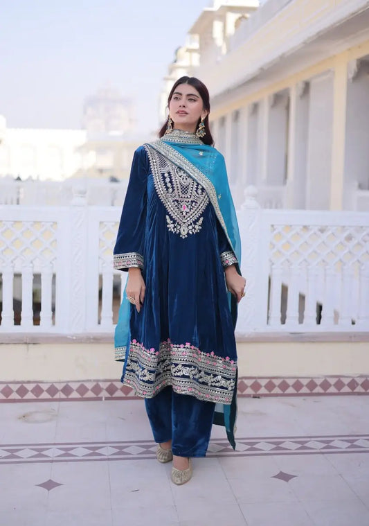 Deep Teal Velvet Embroidery Salwar Suit