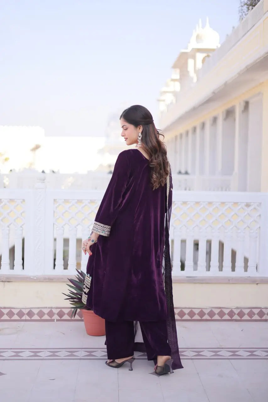 Wine Berry Velvet Embroidery Salwar Suit