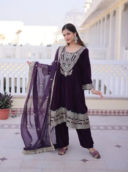 Wine Berry Velvet Embroidery Salwar Suit