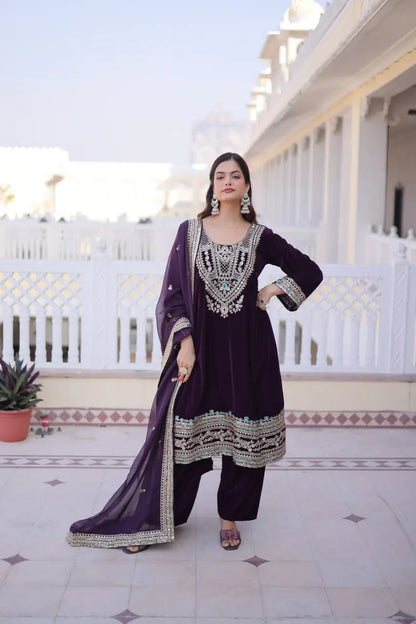 Wine Berry Velvet Embroidery Salwar Suit