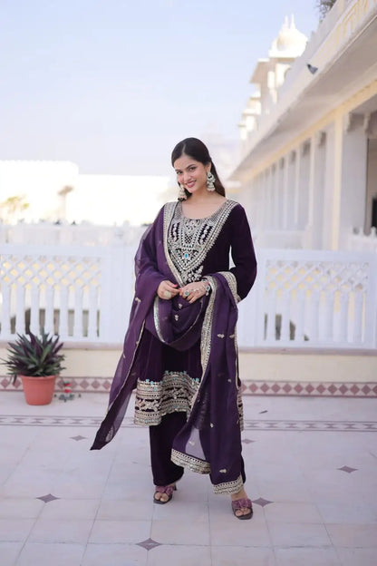 Wine Berry Velvet Embroidery Salwar Suit