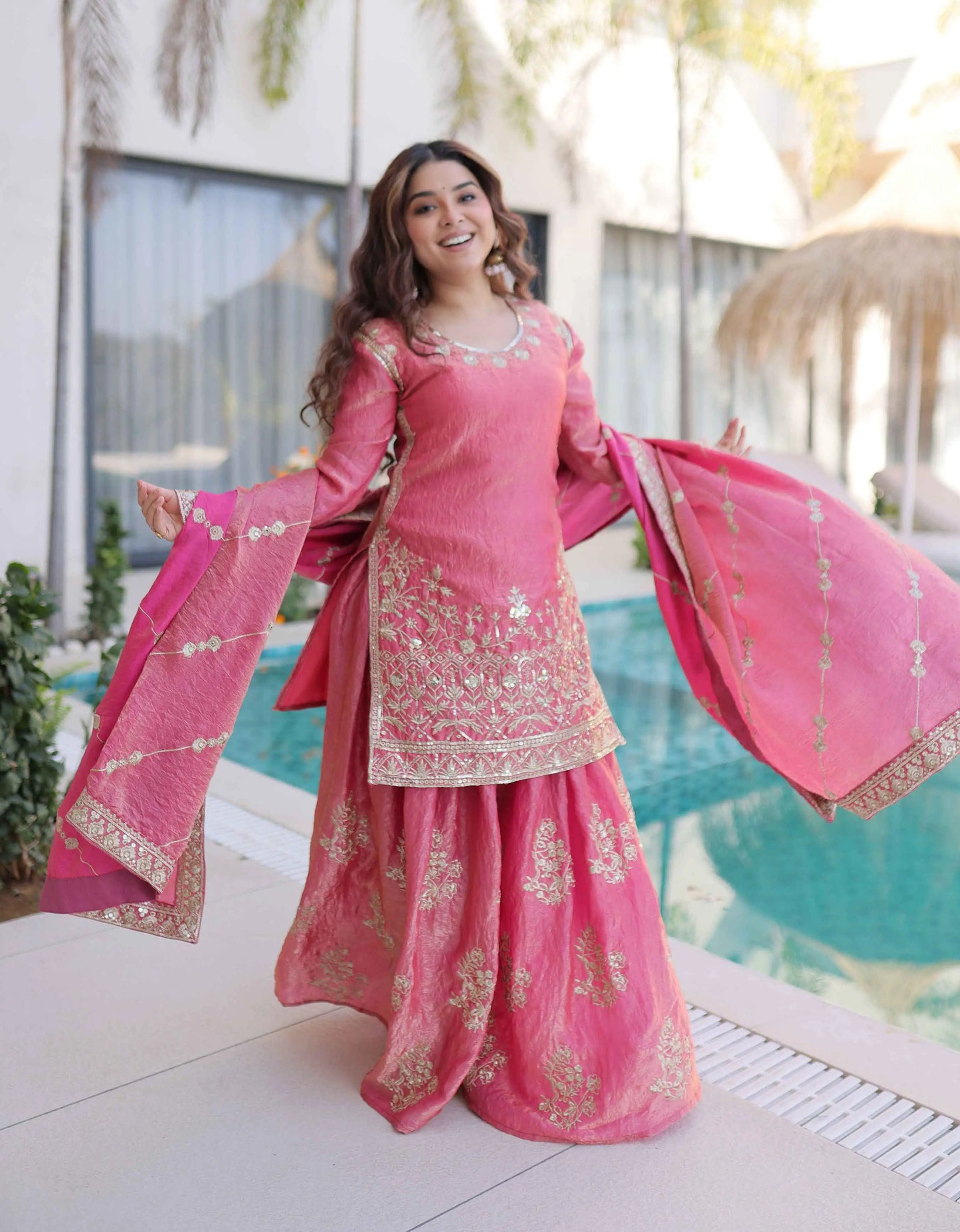 Peach Fendi Crush Embroidery Sharara Suit