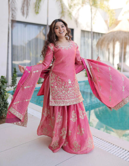 Peach Fendi Crush Embroidery Sharara Suit