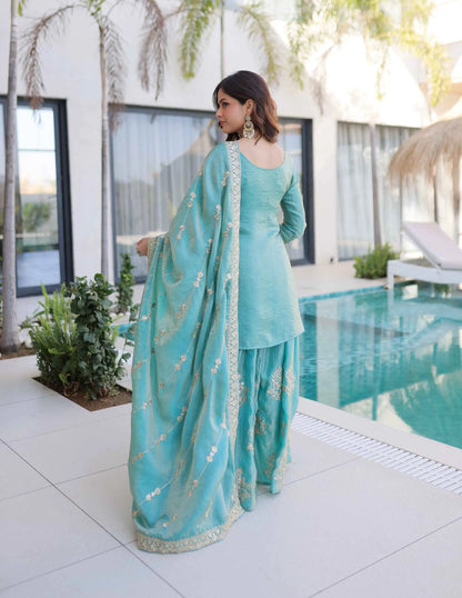 Sky Fendi Crush Embroidery Sharara Suit