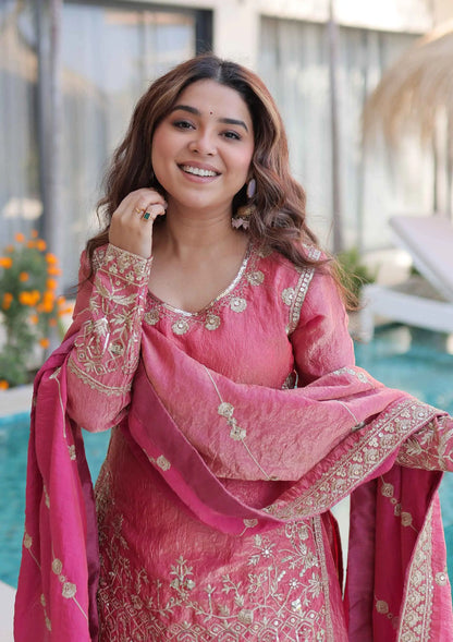 Peach Fendi Crush Embroidery Sharara Suit