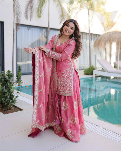 Peach Fendi Crush Embroidery Sharara Suit