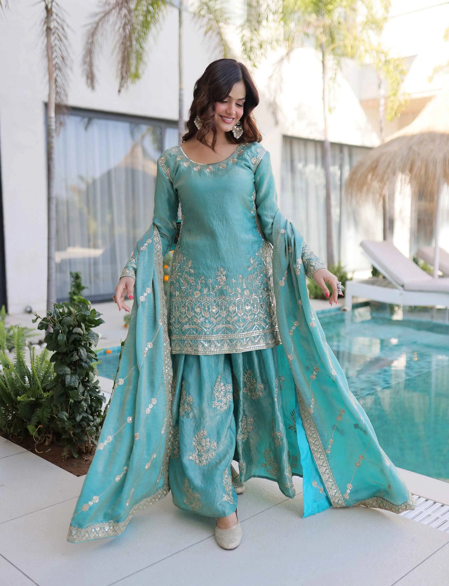 Sky Fendi Crush Embroidery Sharara Suit