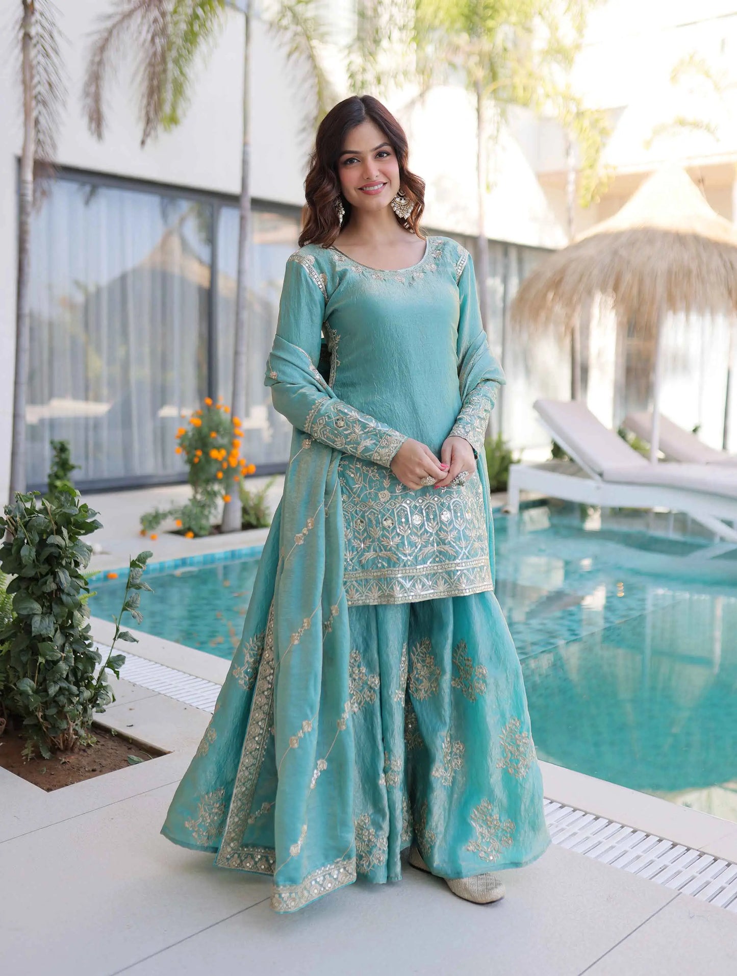 Sky Fendi Crush Embroidery Sharara Suit