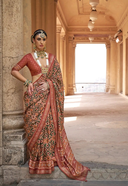 Forest Green-Red Silk Patola Saree