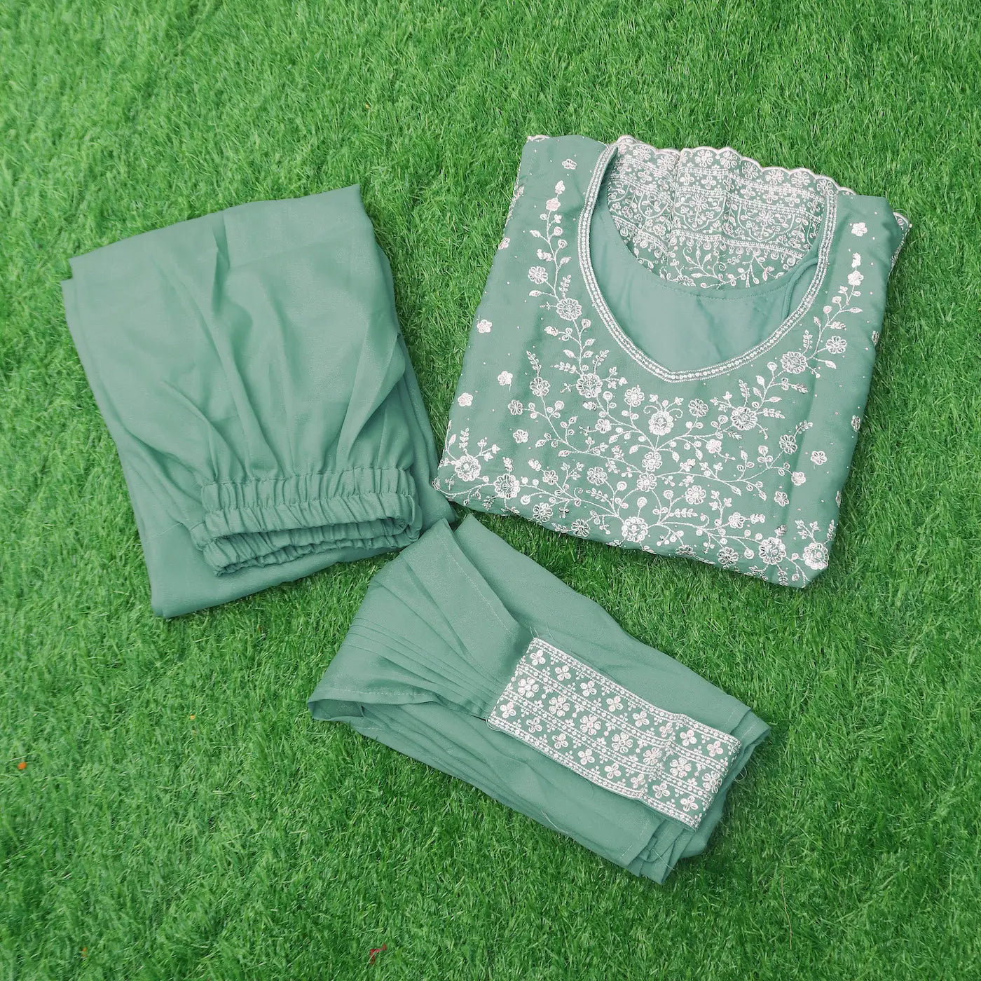 Sea Green Star Georgette Embroidery Palazzo Suit