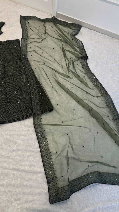 Deep Olive Chinon Embroidery Lehenga Choli
