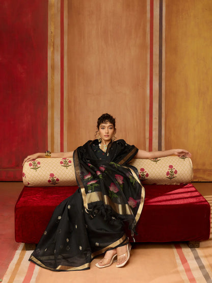 Rich Black Cotton Handloom Weaving Saree