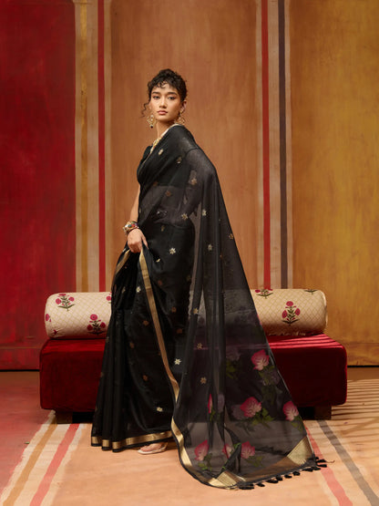 Rich Black Cotton Handloom Weaving Saree