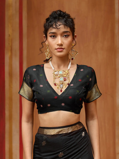 Rich Black Cotton Handloom Weaving Saree