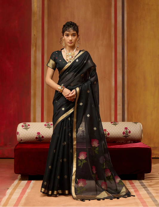 Rich Black Cotton Handloom Weaving Saree